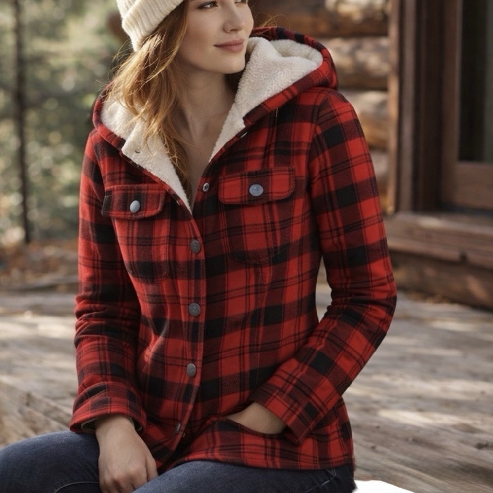 LL Bean Red Buffalo Plaid Fleece Lined Flannel Hooded Shirt Jacket Shacket XS‎